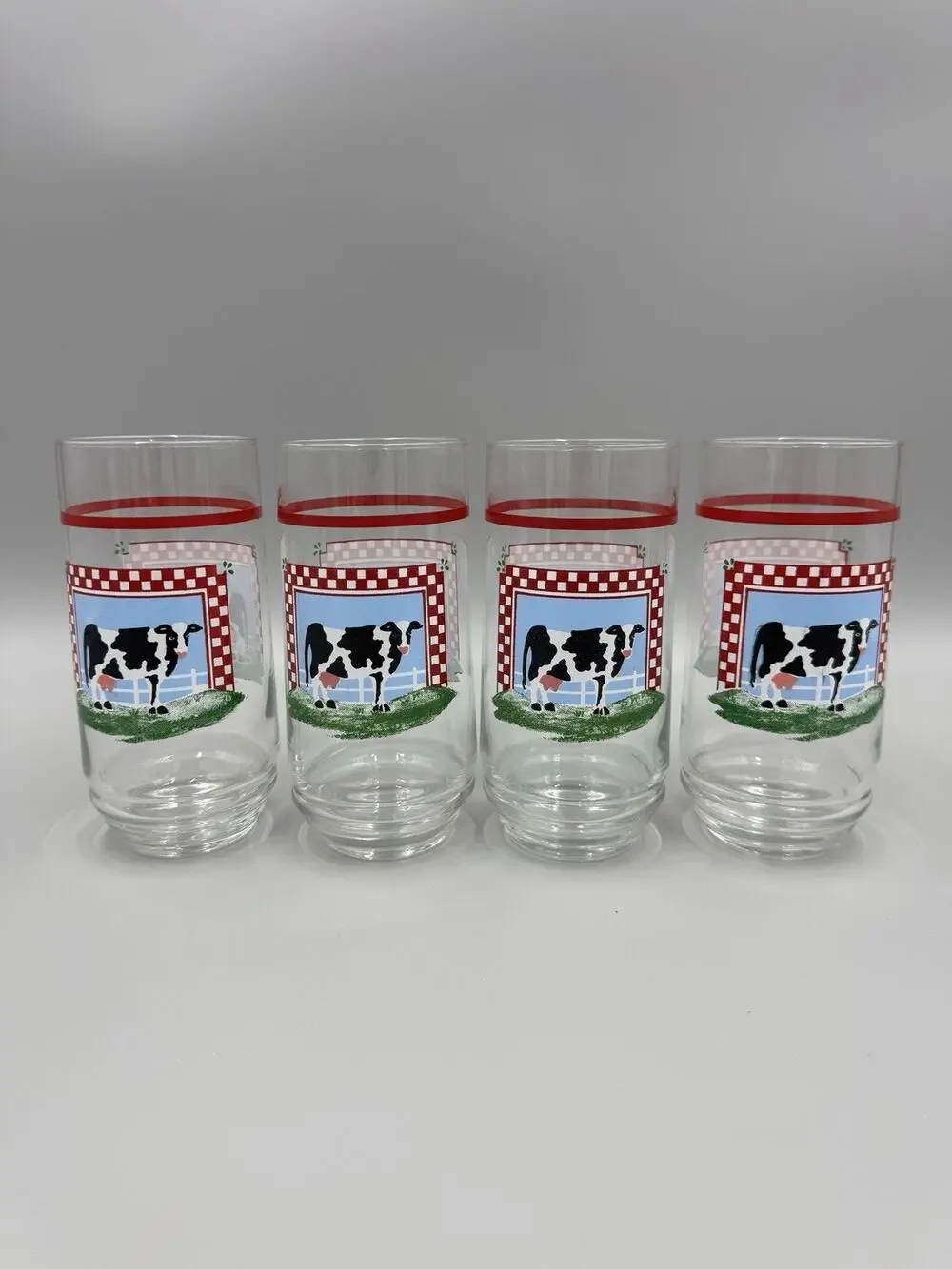 Vintage Fannies Farm Cow Glass Tumblers Set of 4 Glasses Farmhouse Kitchen USA